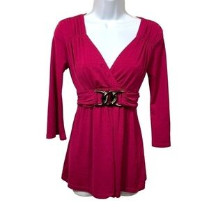 M Vintage 90s Fuchsia Pink Belted Blouse Stretch Medium Y2k